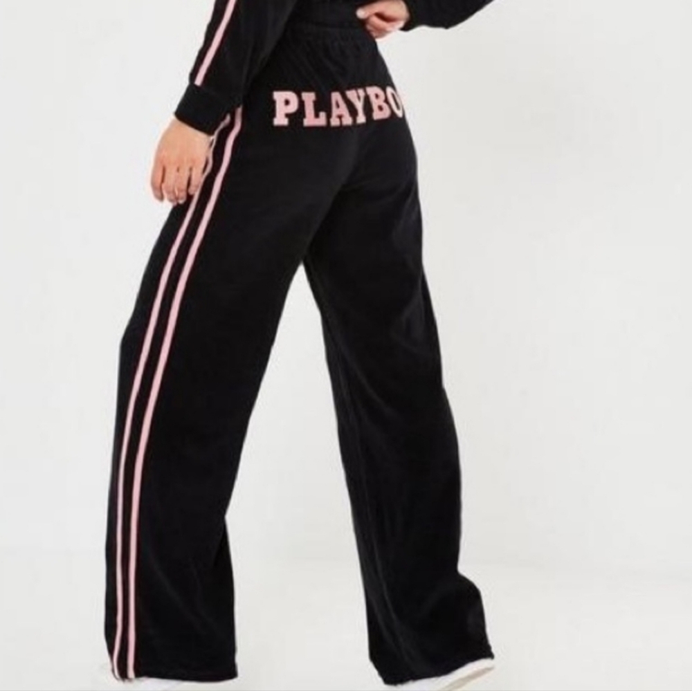 Missguided PLAYBOY embroidered logo racing Y2k pink stripe athletic velvet Pants